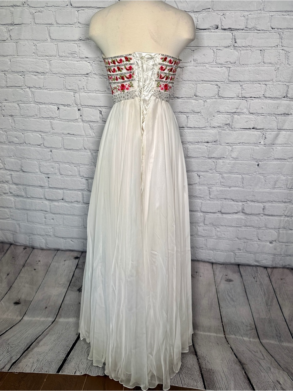 Sherri Hill Strapless Prom Dress Floral Embroidery Rhinestone Maxi Chiffon Small